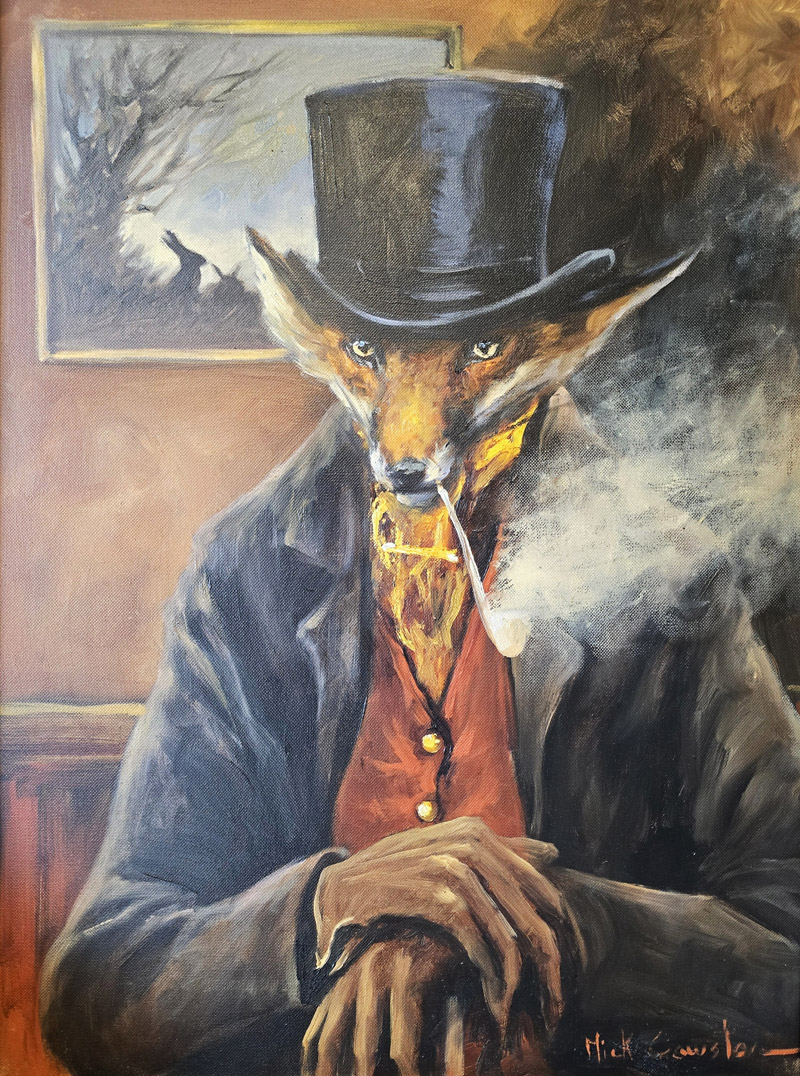 Anthromorphic painting by Mick Cawston depicting a Fox dressed like a Victorian human