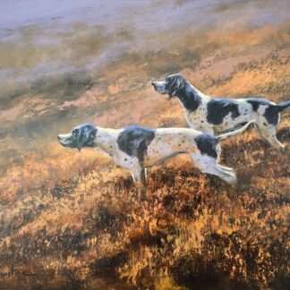 Original oil painting by Mick Cawston of two English Pointer dogs on a moorland, depicted in a classic hunting stance amid warm heather tones.