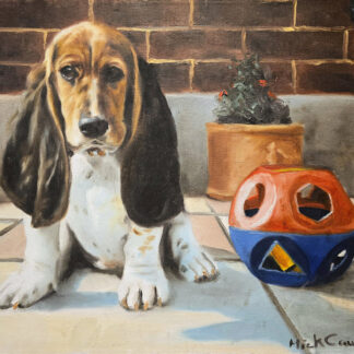 Oil painting by Mick Cawston depicting a Basset Hound on a pation with a toy