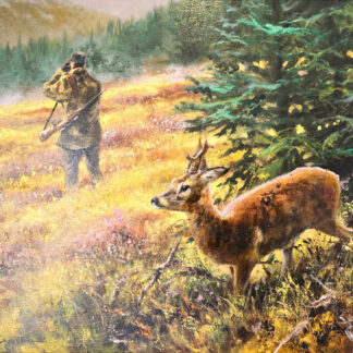 Mick Cawston oil painting depicting a hunting scene with Deer