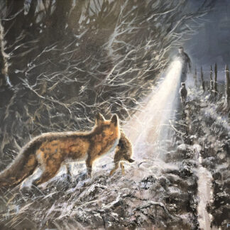 Atmospheric oil painting by Mick Cawston showing a fox caught in a beam of light during night-time lamping, set in a snowy rural landscape with trees and a fence line.