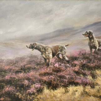 An oil painting by Mick Cawston depicting German Pointer dogs in a moorland landscape