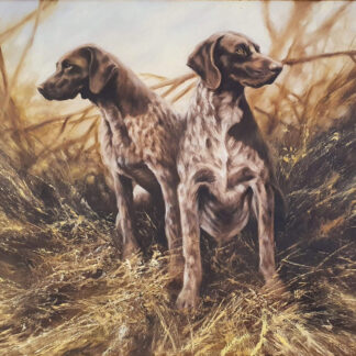 Mick Cawston oil painting depicting two German Pointer dogs in a landscape setting
