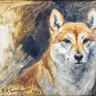 Oil painting portrait of a Shiba Inu dog named Fern by Mick Cawston, showing the dog with tan and cream fur, upright ears, and a calm expression against a dark textured background.