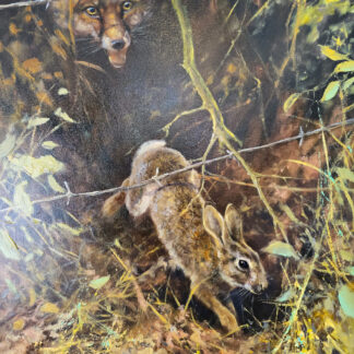 Oil painting by Mick Cawston showing a fox persuing a rabbit