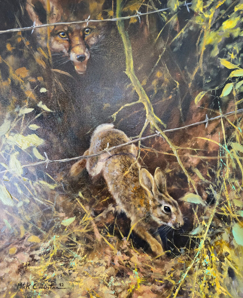 Oil painting by Mick Cawston showing a fox persuing a rabbit